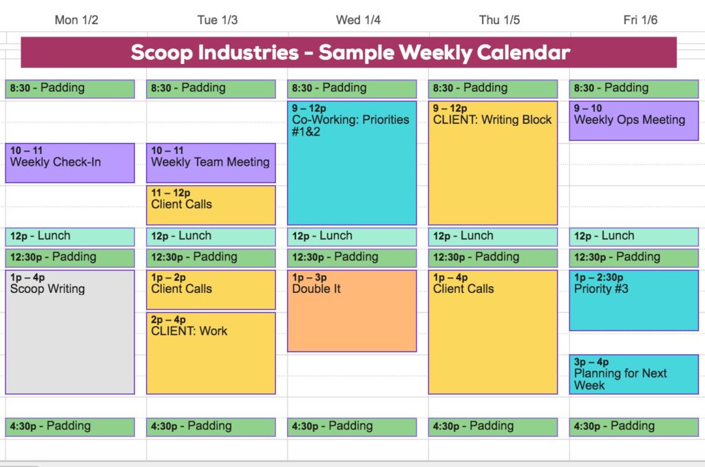 sample weekly calendar when you work with clients 